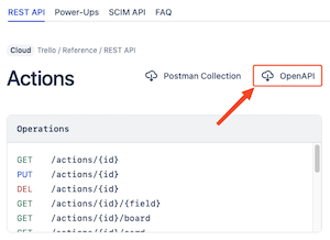 Screenshot of Trello REST API pointing to the OpenAPI button