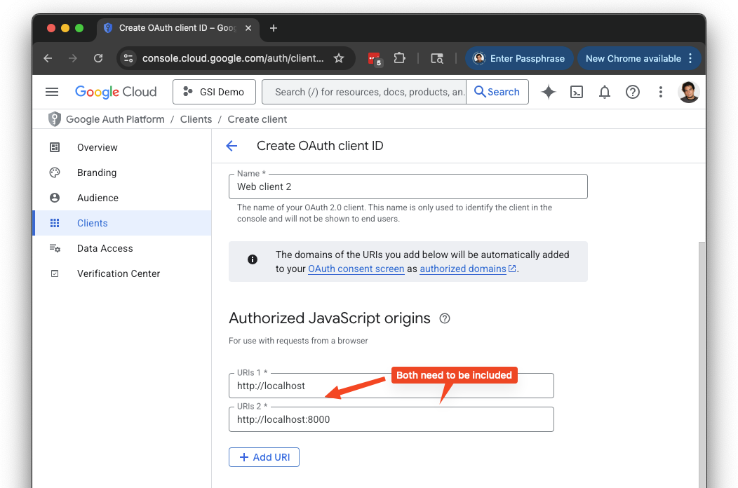 Add Authorized JavaScript Origins